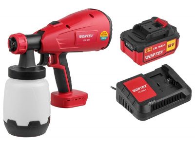 вид модели краскопульт аккумуляторный wortex cps 1810 в кор. all1 xlt set 18в, 1 акк., 4 ач, 700 мл/мин, 1 л б (18 в, 1 акк., 4 ач, зу, 700 мл/мин, 1 л бак, 2.6 мм сопло, 50 din)