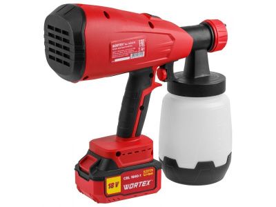 вид модели краскопульт аккумуляторный wortex cps 1810 в кор. all1 xlt set 18в, 1 акк., 4 ач, 700 мл/мин, 1 л б (18 в, 1 акк., 4 ач, зу, 700 мл/мин, 1 л бак, 2.6 мм сопло, 50 din)